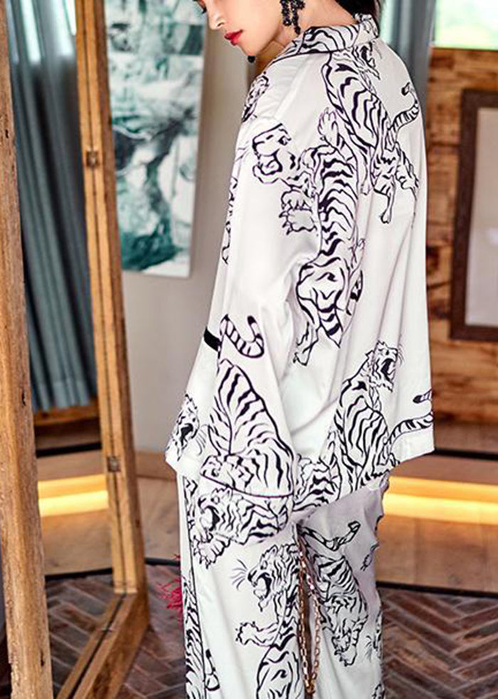 DIY White Peter Pan Collar Tiger Print Ice Silk Pajamas Women Sets 2 Pieces Spring