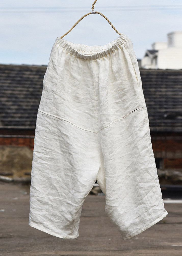DIY White Pockets Patchwork Linen Wide Leg Pants Summer