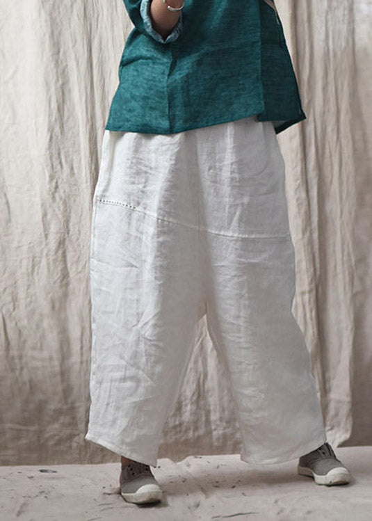 DIY White Pockets Patchwork Linen Wide Leg Pants Summer