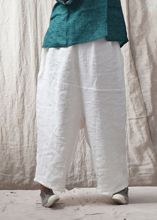 DIY White Pockets Patchwork Linen Wide Leg Pants Summer