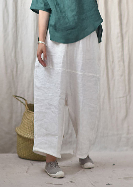 DIY White Pockets Patchwork Linen Wide Leg Pants Summer