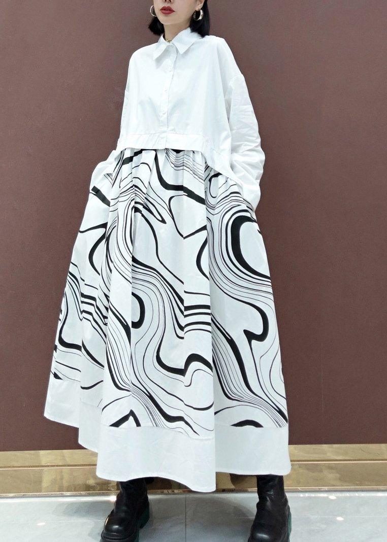 DIY White Print Clothes Lapel Patchwork Maxi Spring Dresses - Omychic