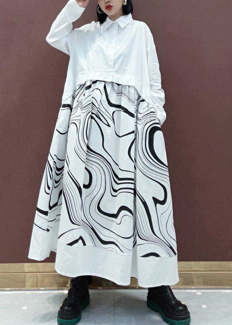 DIY White Print Clothes Lapel Patchwork Maxi Spring Dresses - Omychic