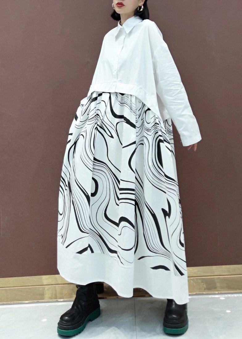 DIY White Print Clothes Lapel Patchwork Maxi Spring Dresses - Omychic