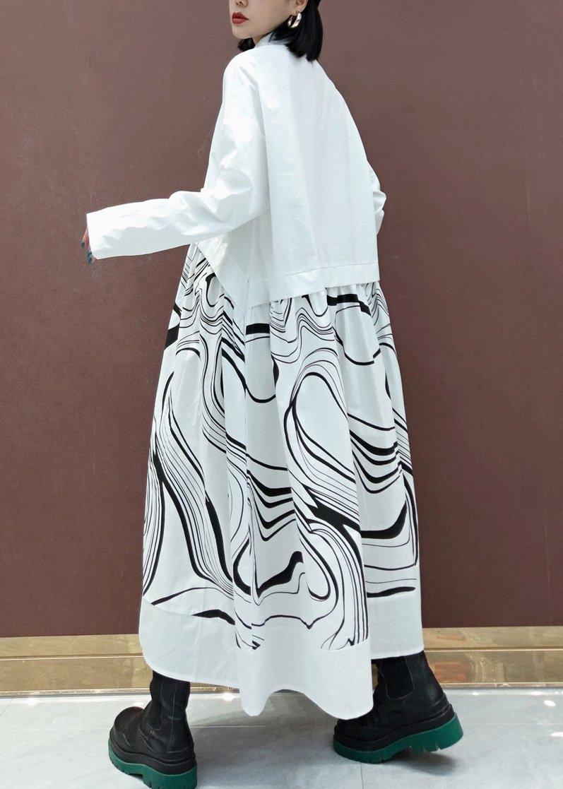 DIY White Print Clothes Lapel Patchwork Maxi Spring Dresses - Omychic