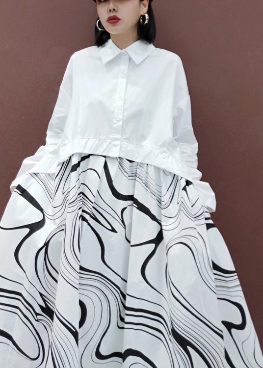 DIY White Print Clothes Lapel Patchwork Maxi Spring Dresses - Omychic