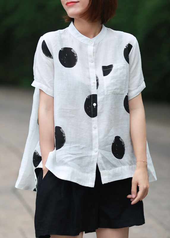 DIY White Stand Collar Dot Print Patchwork Linen Blouses Summer
