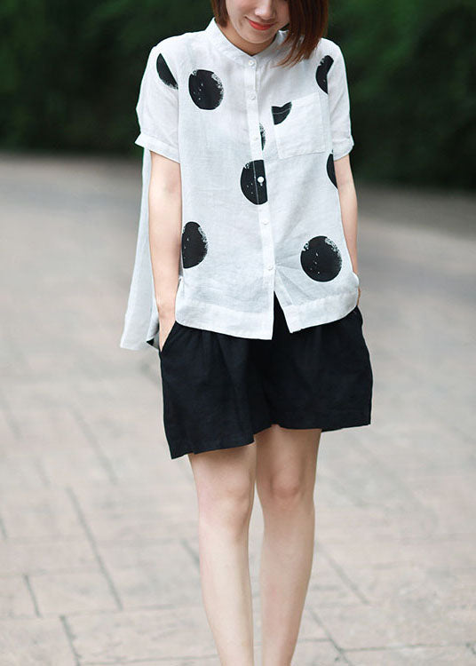 DIY White Stand Collar Dot Print Patchwork Linen Blouses Summer