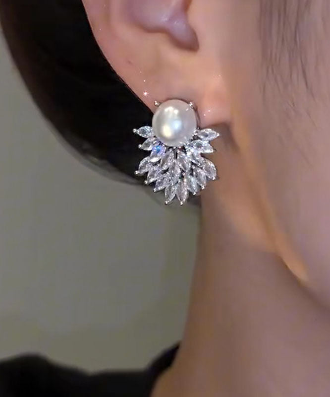 DIY White Sterling Silver Alloy Zircon Pearl Stud Earrings