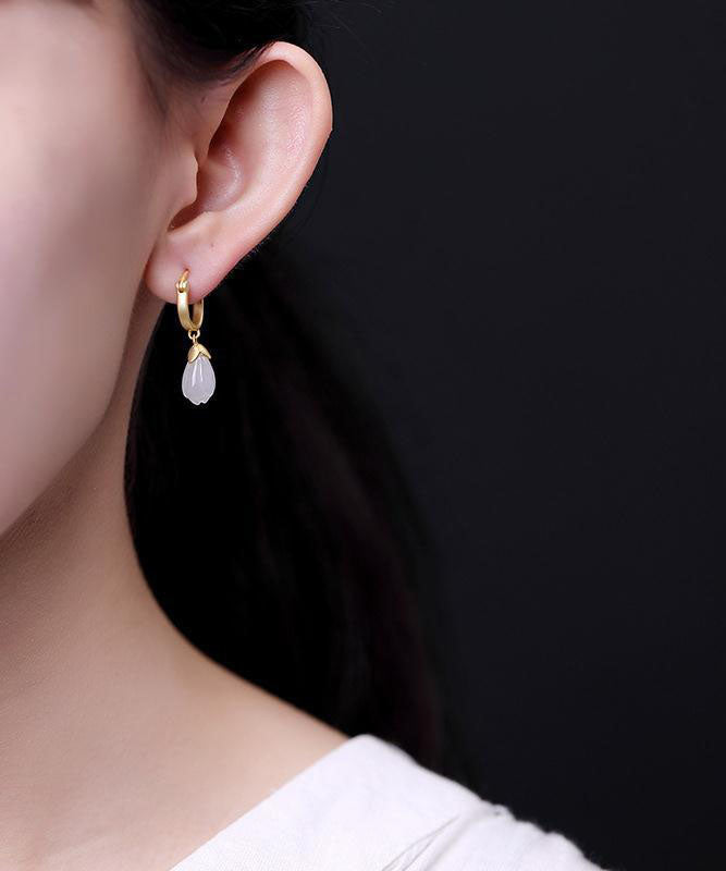 DIY White Sterling Silver Overgild Inlaid Jade Magnolia Flower Drop Earrings