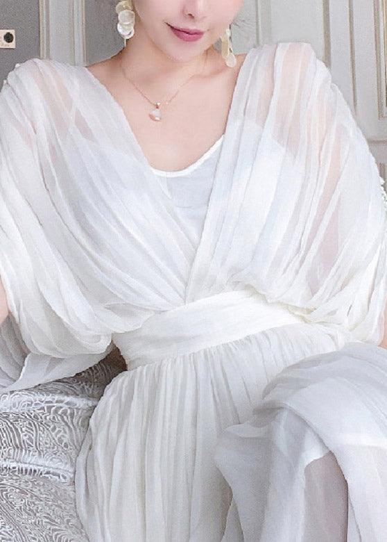 DIY White V Neck Wrinkled Tunic Silk Long Dresses Short Sleeve