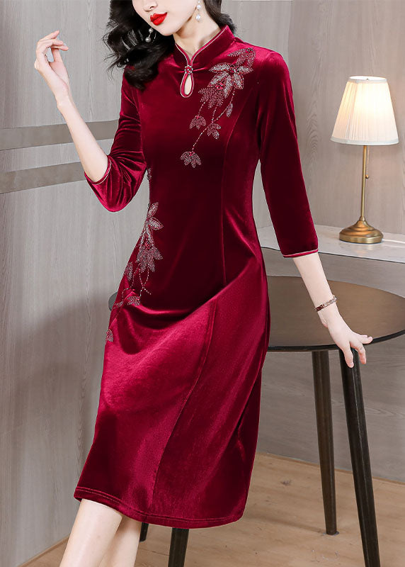 DIY Wine Red Embroideried Slim Silk Velour Long Dress Fall