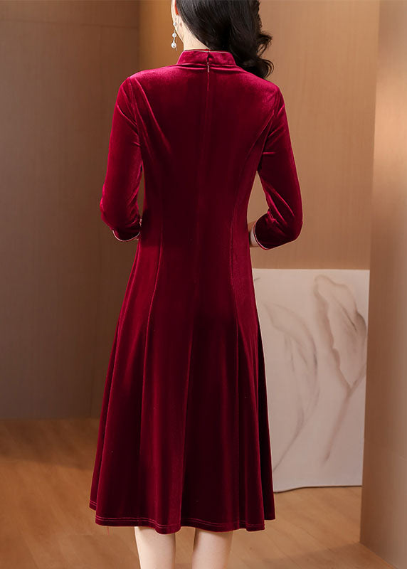 DIY Wine Red Embroideried Slim Silk Velour Long Dress Fall