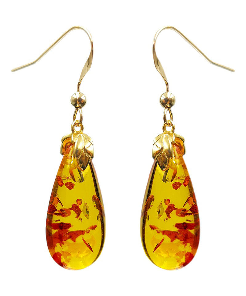 DIY Yellow 14K Gold Amber Water Drop Drop Earrings