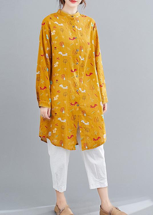 DIY Yellow Animal design Blouse Stand Collar Spring shirt - Omychic