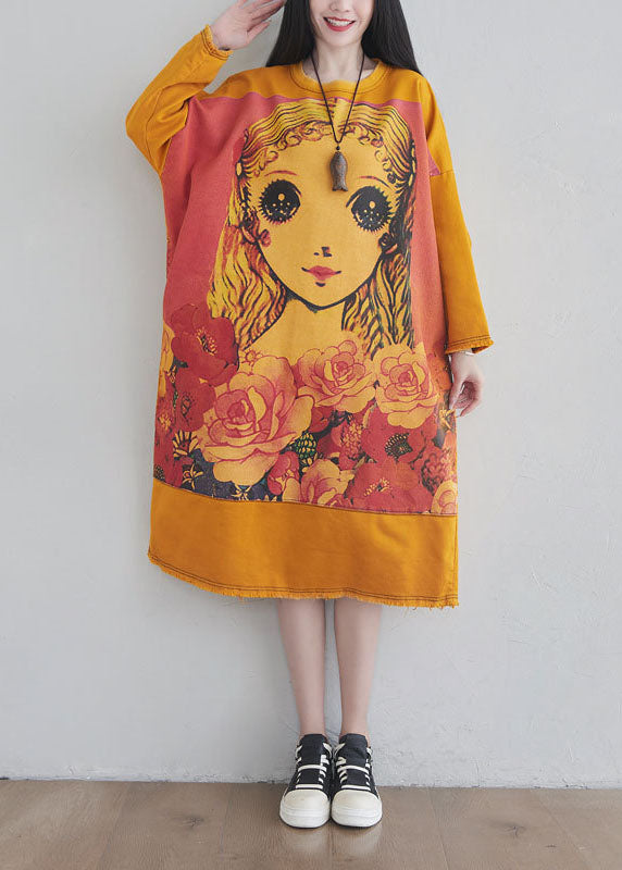 DIY Yellow O Neck Cartoon Print Cotton Long Dress Spring