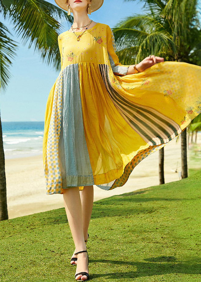 DIY Yellow O-Neck Print Patchwork Silk Cotton Maxi Dress Summer
