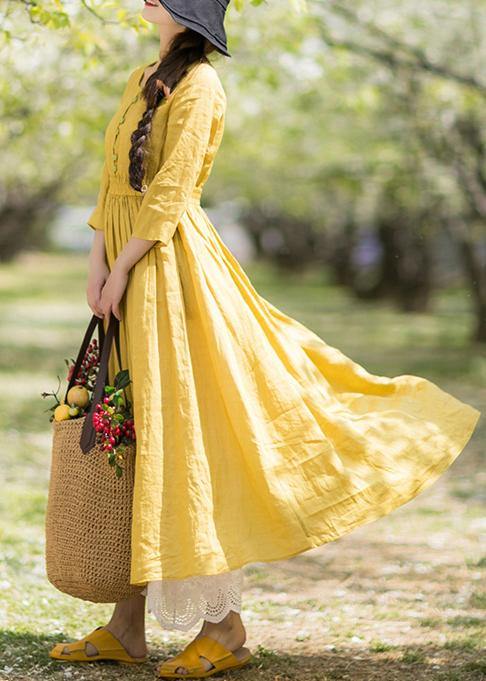 DIY Yellow Outfit O Neck Half Sleeve Loose Spring Dresses - Omychic
