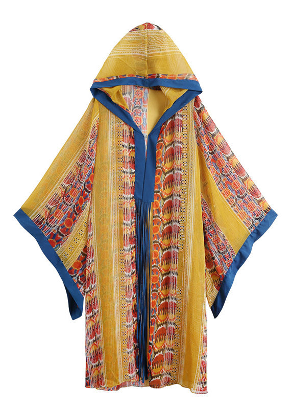 DIY Yellow Print Holiday Long Chiffon Hooded Cardigan Long Sleeve