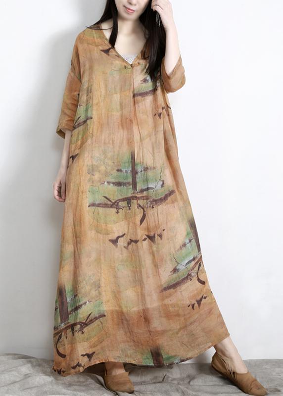 DIY Yellow Print Linen Oversize Summer Long Dress ( Limited Stock) - Omychic