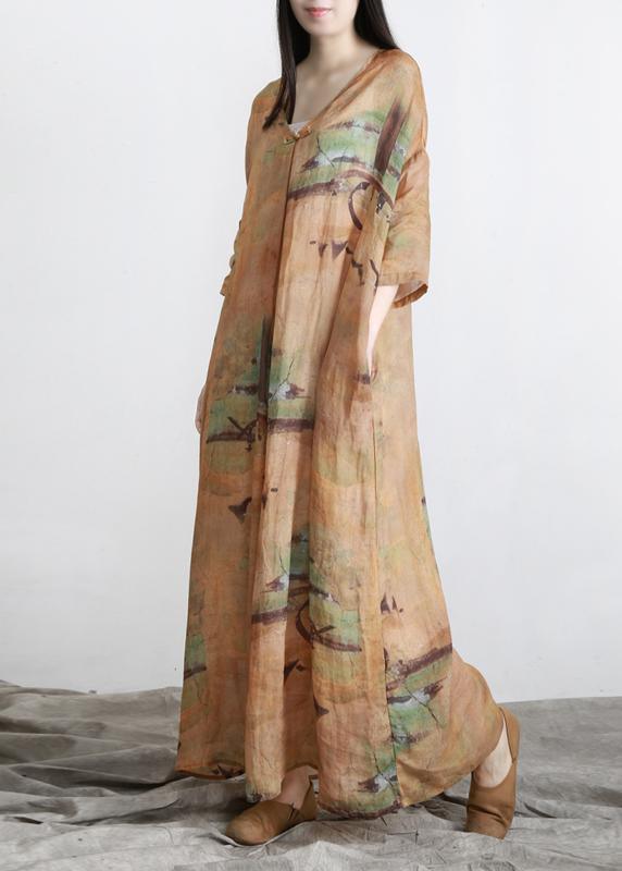 DIY Yellow Print Linen Oversize Summer Long Dress ( Limited Stock) - Omychic