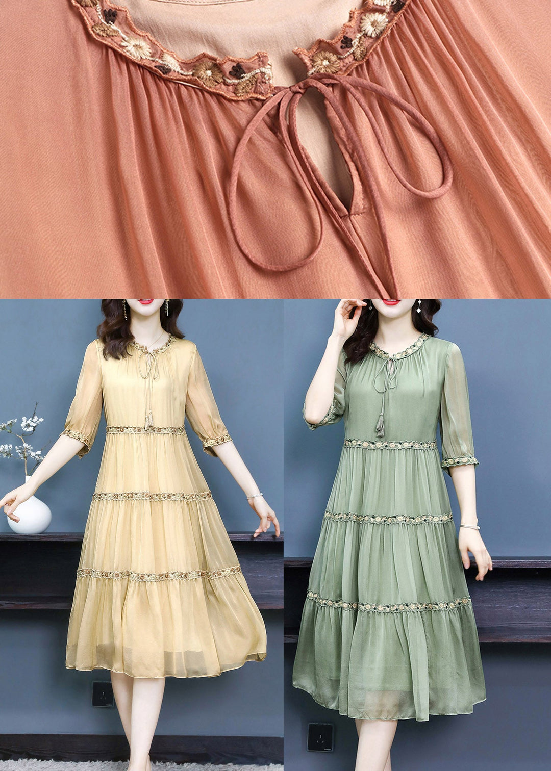 DIY Yellow Ruffled Patchwork Silk Maxi Dresses Summer
