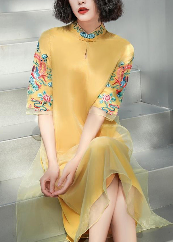 DIY Yellow Stand Collar Embroideried Button Tulle Silk Dress Long Sleeve