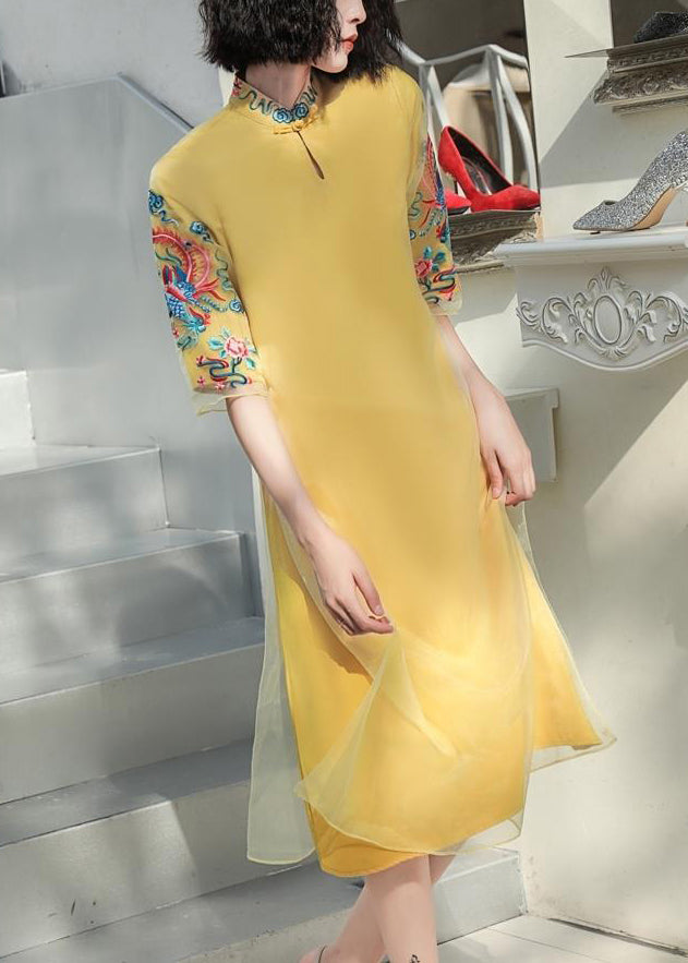 DIY Yellow Stand Collar Embroideried Button Tulle Silk Dress Long Sleeve