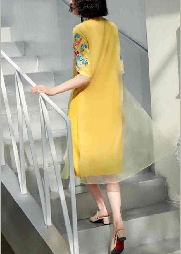 DIY Yellow Stand Collar Embroideried Button Tulle Silk Dress Long Sleeve