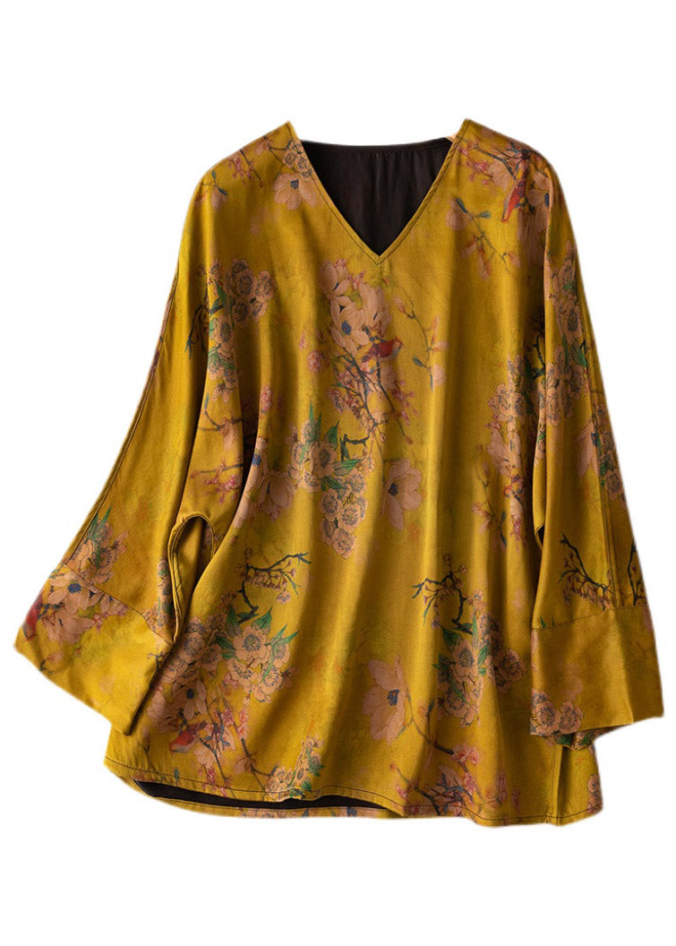 DIY Yellow V Neck Print Silk Top Long Sleeve