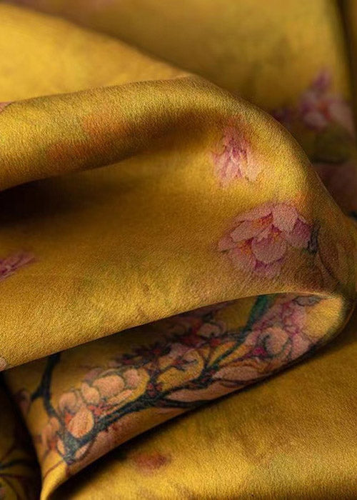 DIY Yellow V Neck Print Silk Top Long Sleeve