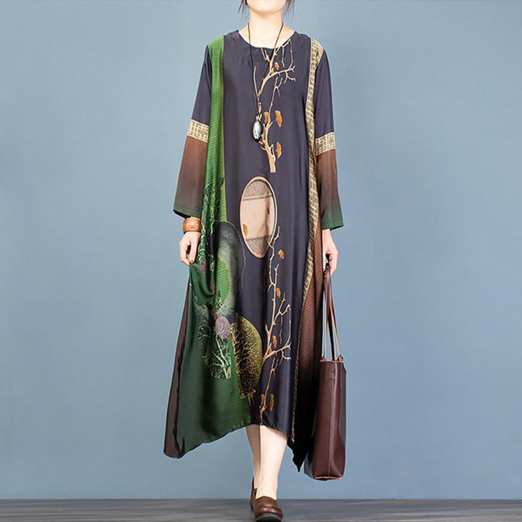 DIY asymmetric o neck clothes Women Sewing black print long Dress - Omychic