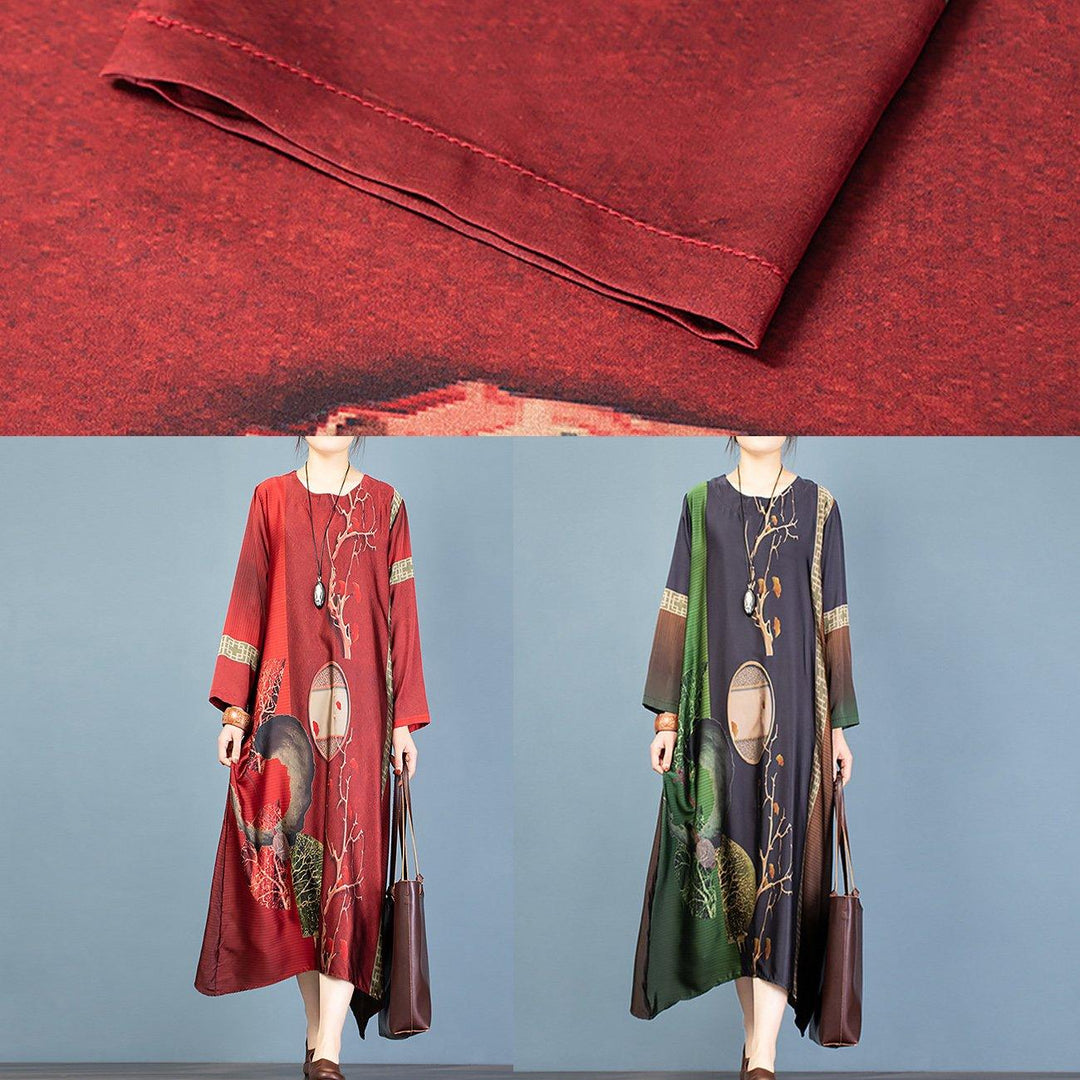 DIY asymmetric o neck clothes Women Sewing black print long Dress - Omychic