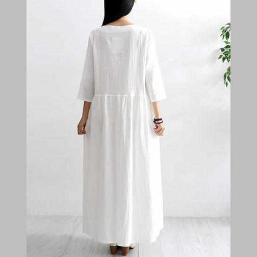 DIY asymmetric patchwork cotton quilting clothes Work white o neck long Dresses summer - Omychic