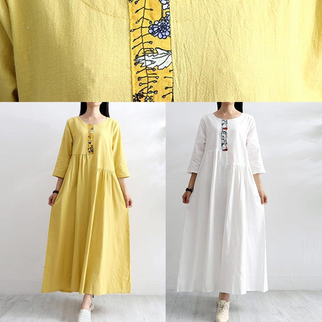 DIY asymmetric patchwork cotton quilting clothes Work white o neck long Dresses summer - Omychic