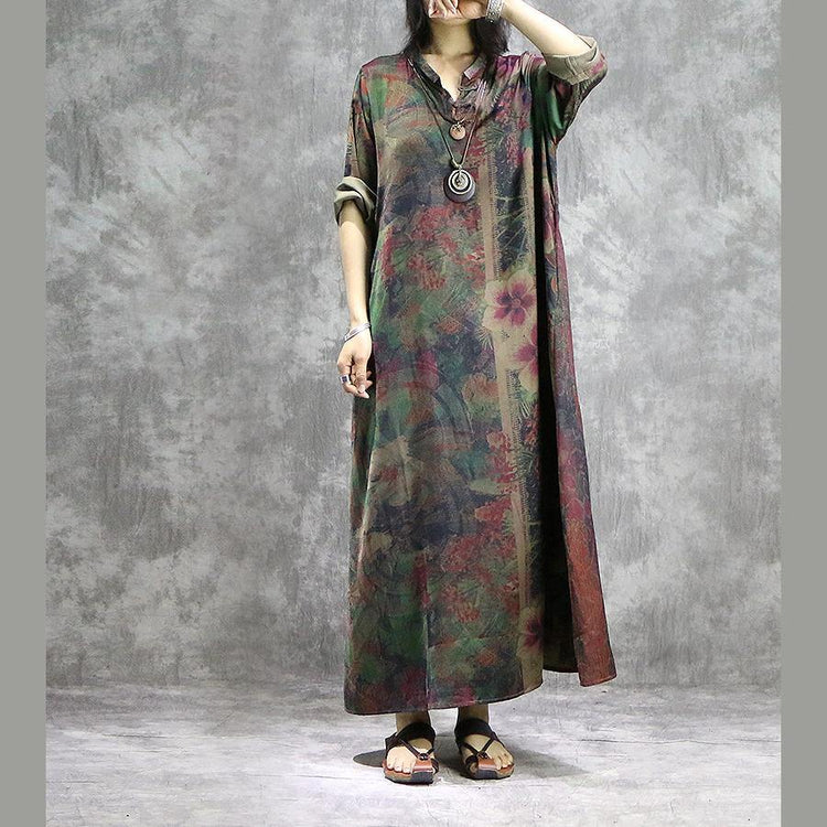 DIY asymmetric silk outfit plus size Photography green prints Kaftan Dresses summer - Omychic