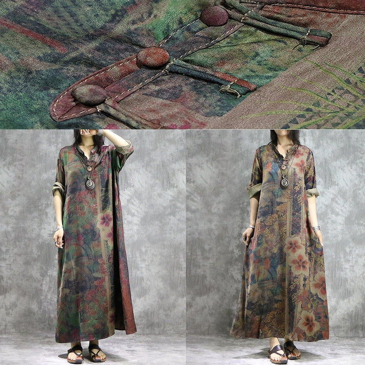 DIY asymmetric silk outfit plus size Photography green prints Kaftan Dresses summer - Omychic