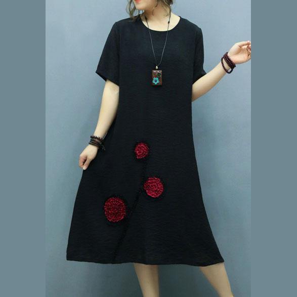 DIY black linen clothes For Women o neck Appliques cotton summer Dress - Omychic