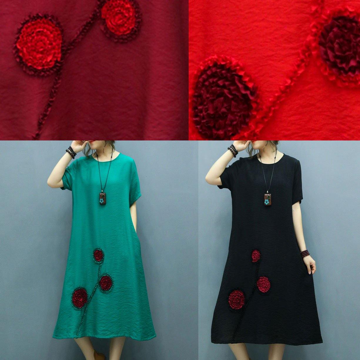 DIY black linen clothes For Women o neck Appliques cotton summer Dress - Omychic