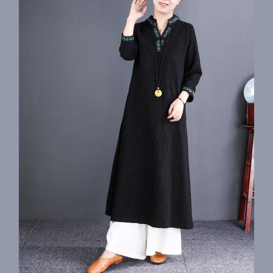 DIY black linen clothes top quality Cotton v neck embroidery Plus Size Dress - Omychic