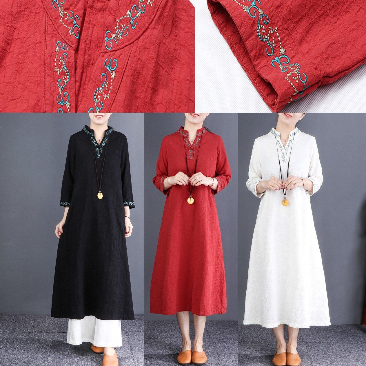 DIY black linen clothes top quality Cotton v neck embroidery Plus Size Dress - Omychic