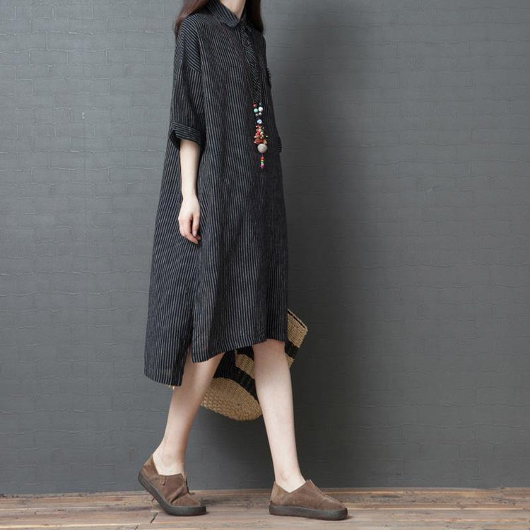 DIY black striped cotton Wardrobes lapel half sleeve A Line summer Dress - Omychic