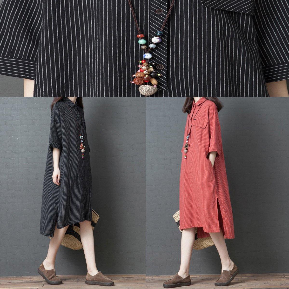 DIY black striped cotton Wardrobes lapel half sleeve A Line summer Dress - Omychic