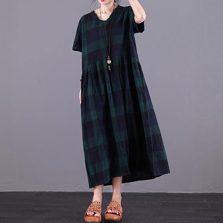 DIY blackish green Plaid cotton linen Robes v neck pockets Vestidos De Lino summer Dresses - Omychic