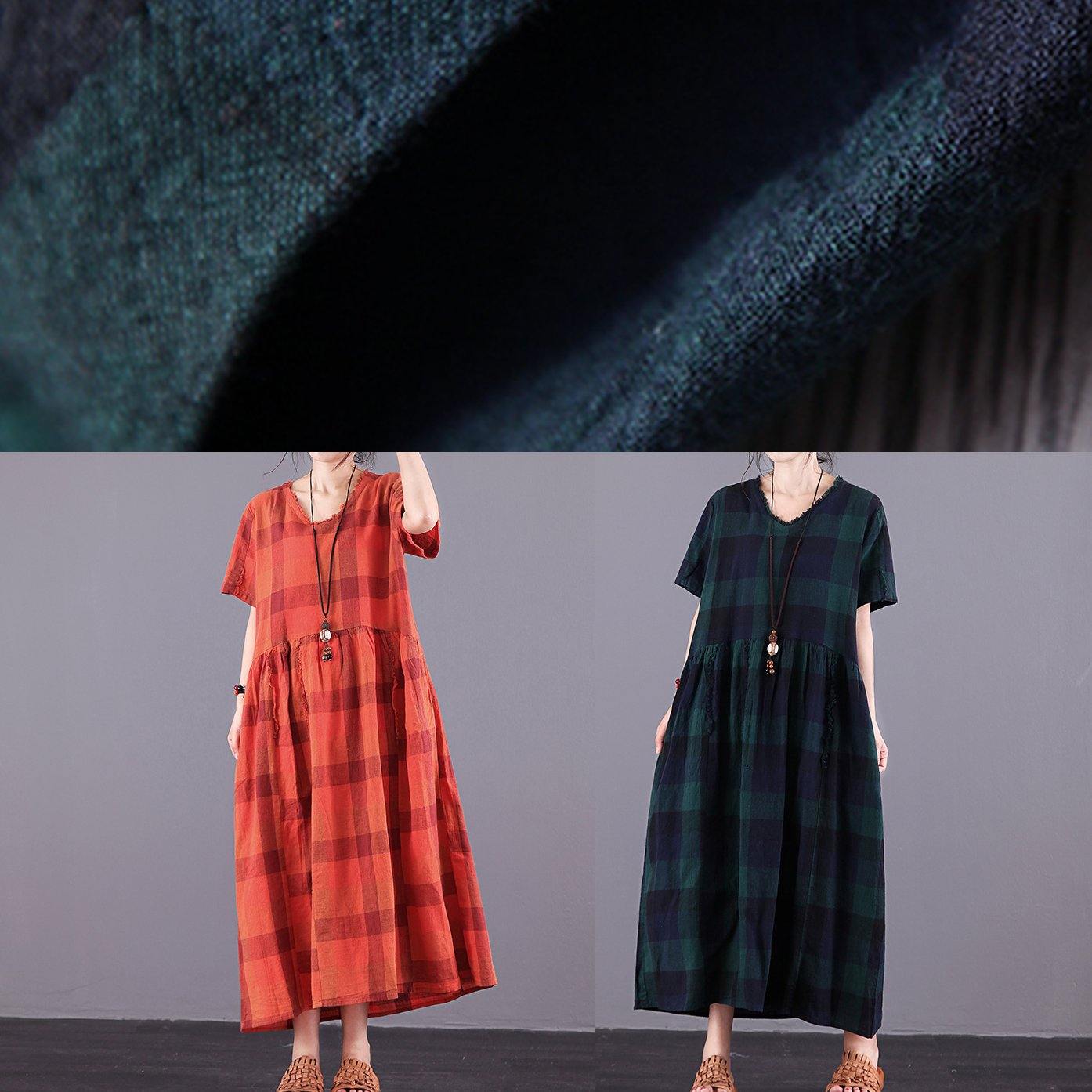 DIY blackish green Plaid cotton linen Robes v neck pockets Vestidos De Lino summer Dresses - Omychic