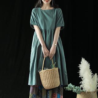 DIY blue green linen Robes Square Collar wrinkled long summer Dresses - Omychic