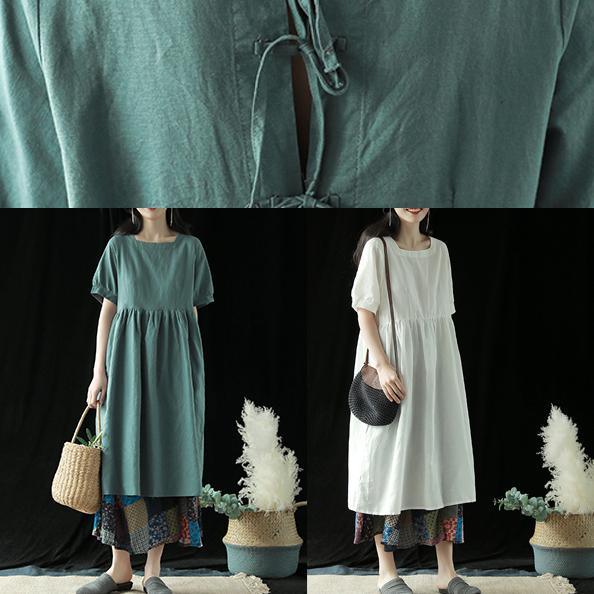 DIY blue green linen Robes Square Collar wrinkled long summer Dresses - Omychic