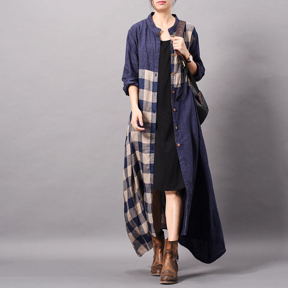 DIY blue plaid cotton clothes Omychic stand collar patchwork Traveling spring Dress - Omychic