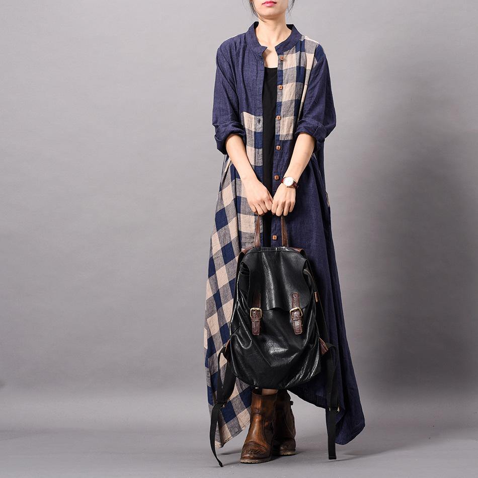 DIY blue plaid cotton clothes Omychic stand collar patchwork Traveling spring Dress - Omychic