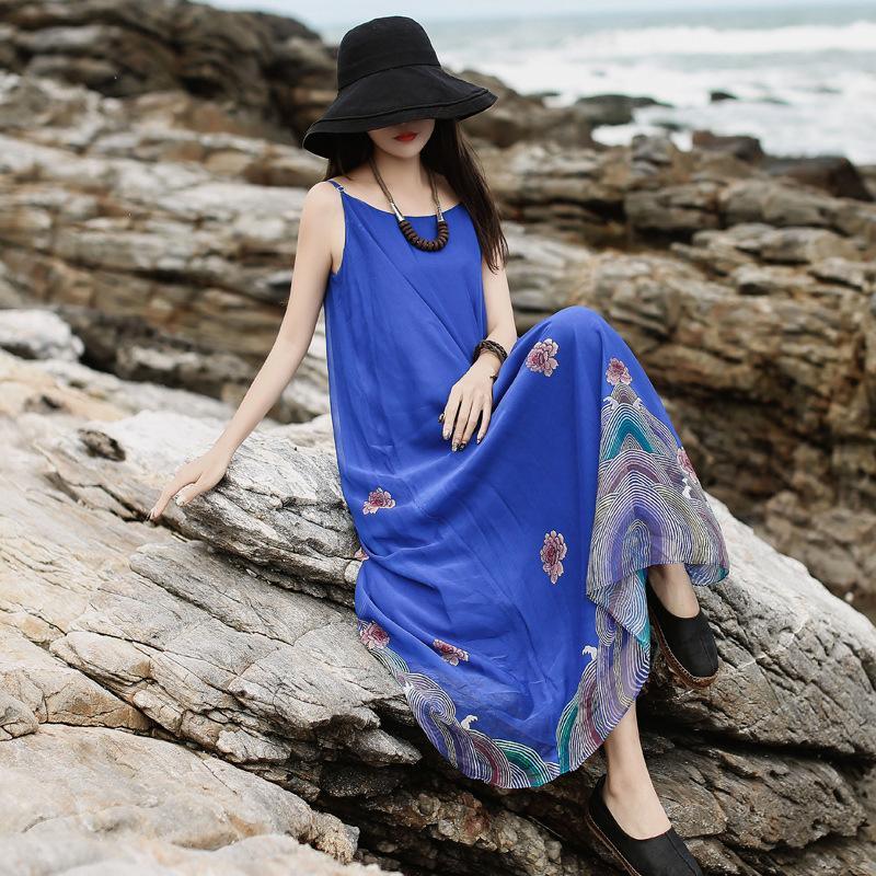 DIY blue print chiffon clothes For Women Pakistani Catwalk Spaghetti Strap layered Plus Size Summer Dresses - Omychic